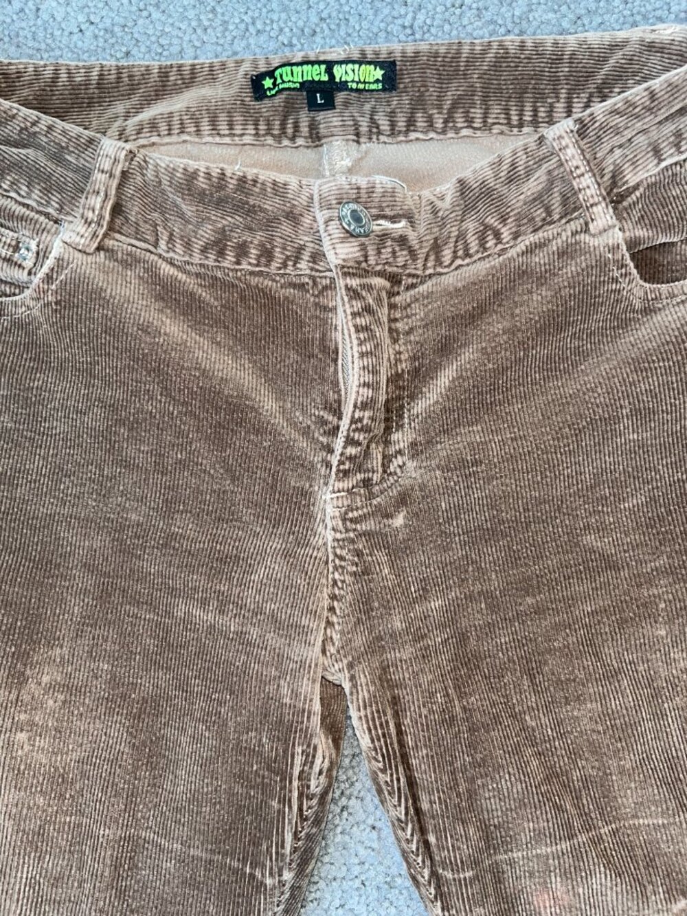 Y2K TUNNEL VISION MELODY BROWN CORDUROY HIPPIE FLARE FLOWER POCKET JEANS - L - Picture 4 of 15